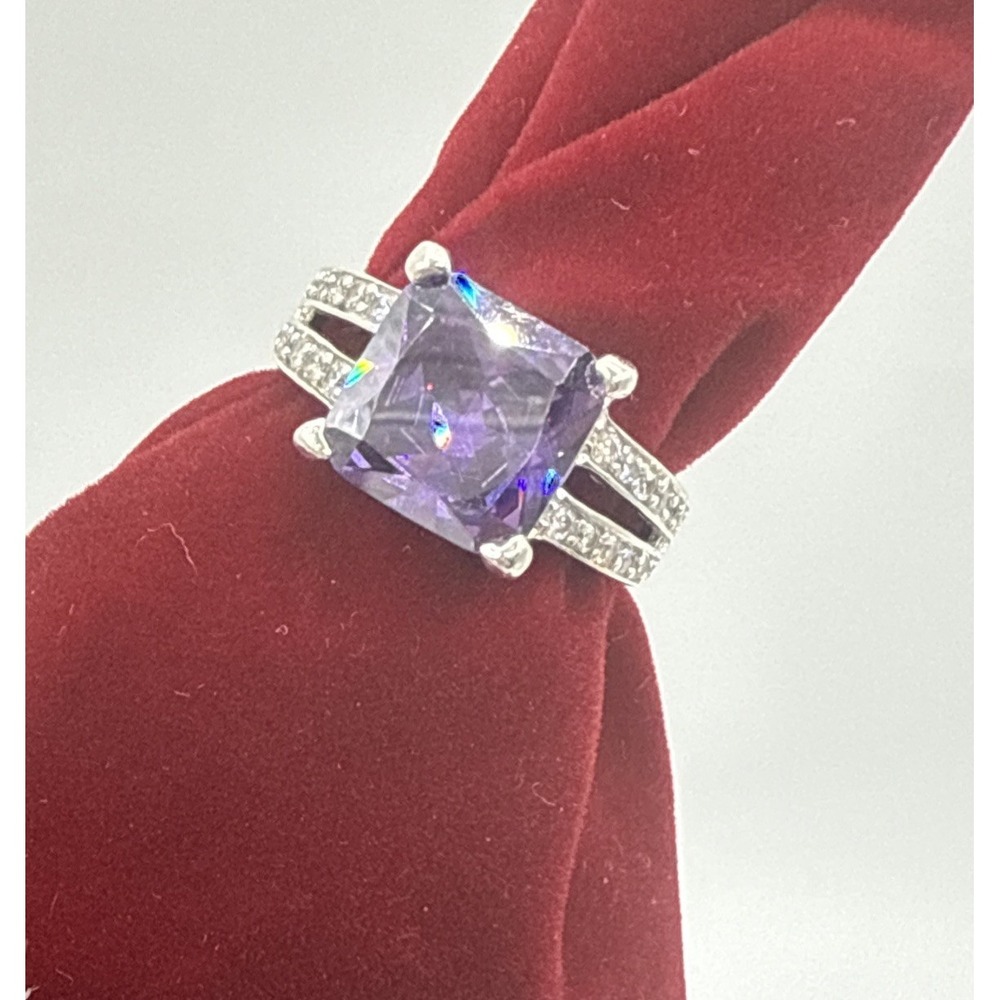 Sterling Silver Ring with Purple Square Gemstone and Pave Accent Band